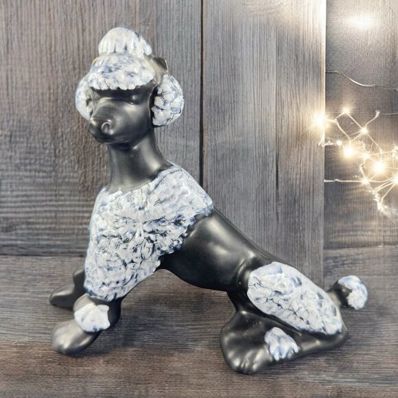 Vintage MCM Poodle Dog Figurine Crackle Glaze Black White Spots Ceramic Decor - Picture 1 of 13